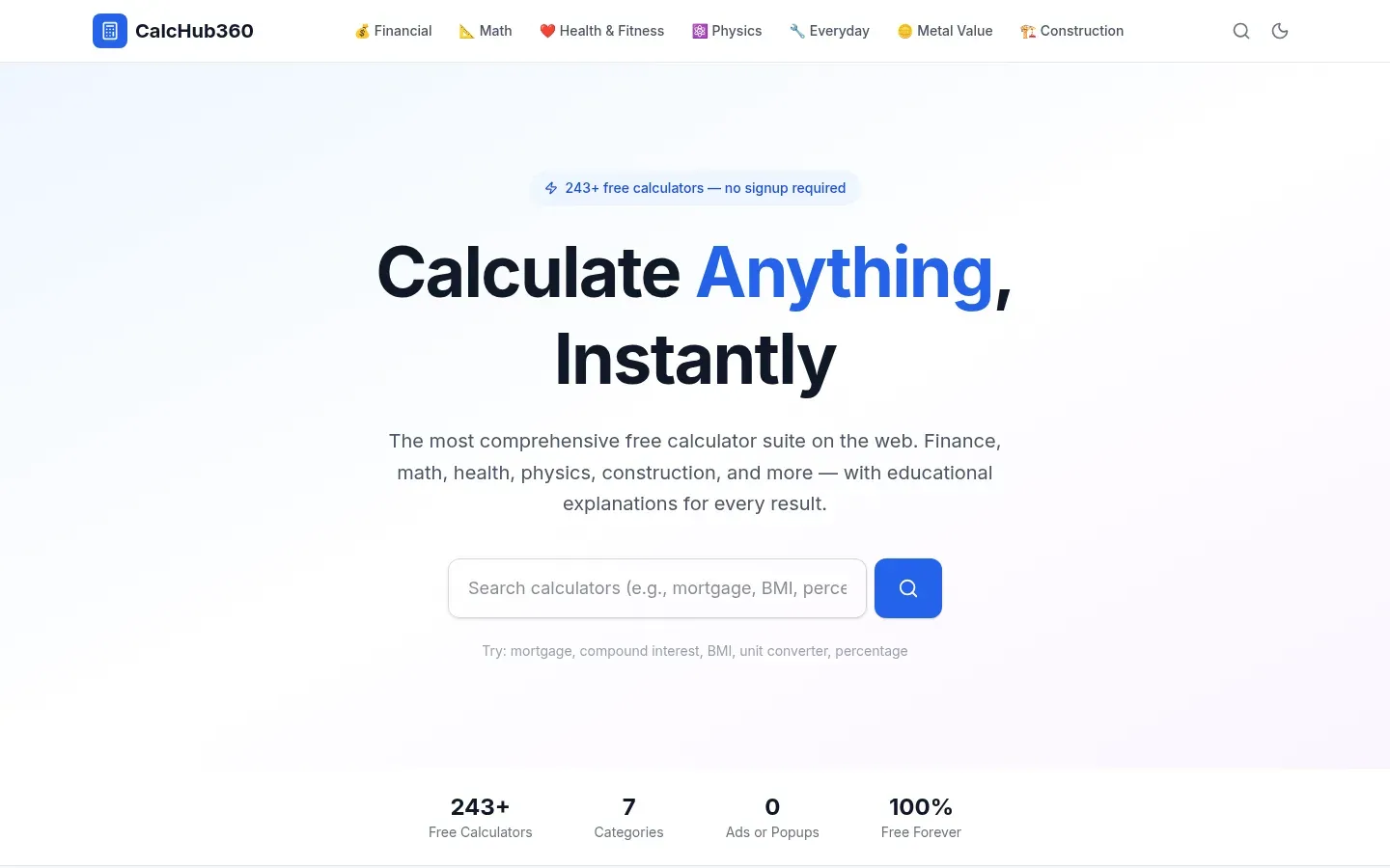 Screenshot of the CalcHub360 homepage