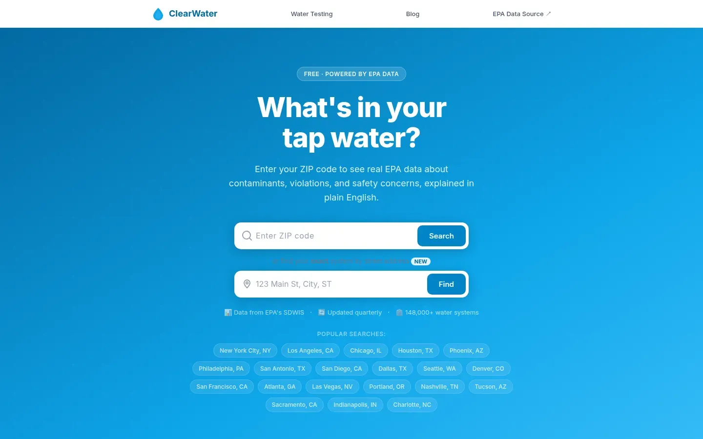 Screenshot of the ClearWater homepage