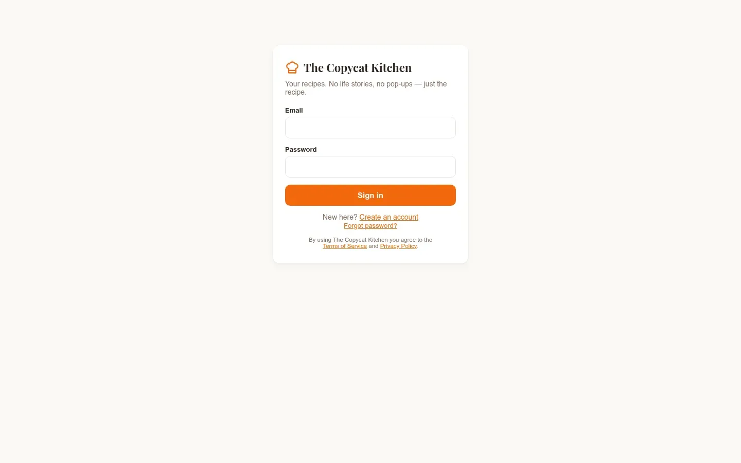Screenshot of the Copycat Kitchen App homepage