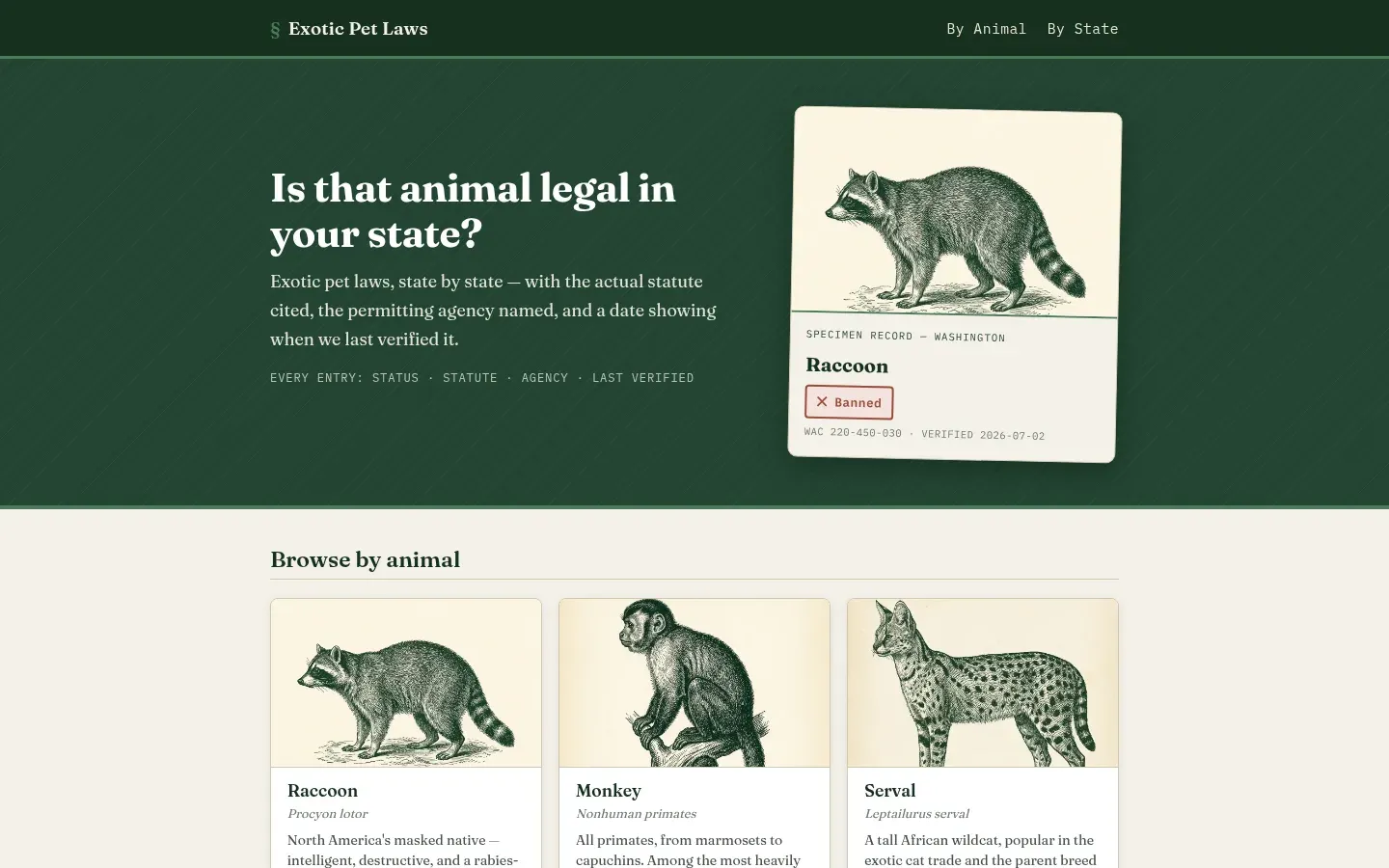 Screenshot of the Exotic Pet Laws homepage