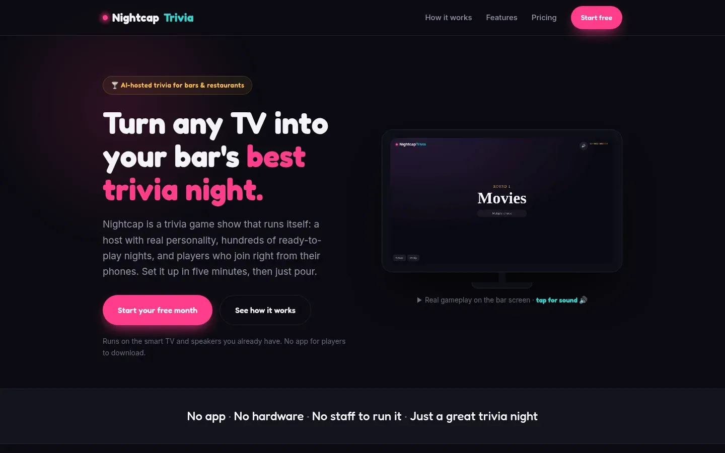 Screenshot of the Nightcap Trivia homepage